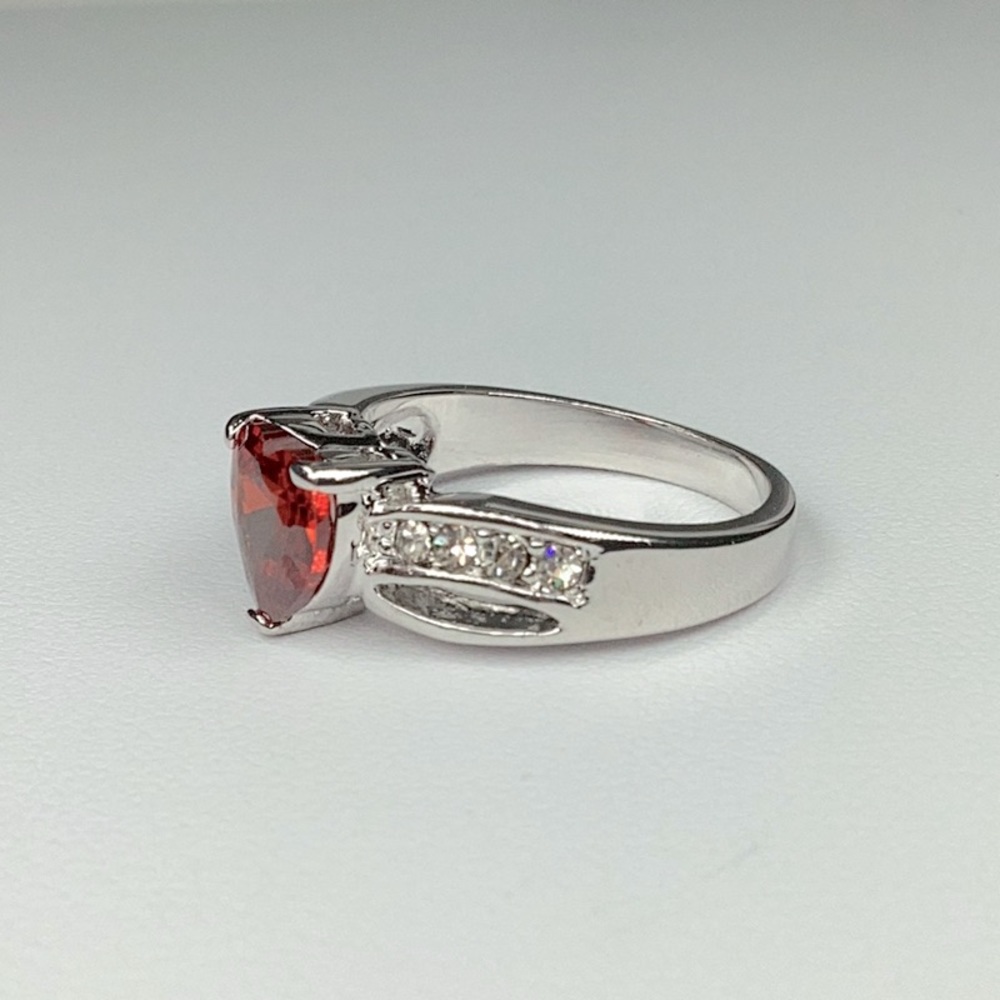 Red CZ Heart Ring With Clear Accent Stones, Silver Color, Size 7, Love - Picture 3 of 6